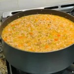 A homemade hypoallergenic dog food recipe in a large pot, made with turkey, quinoa, sweet potatoes, and vegetables for dogs with allergies.
