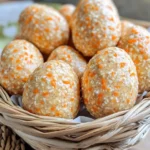 A basket of No-Bake Peanut Butter & Carrot Egg Treats for Dogs, made with oats, peanut butter, and carrots for a healthy Easter snack.