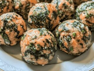 Plate of homemade salmon and spinach balls for dogs, healthy and nutritious dog treats made from fresh ingredients
