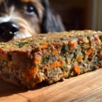Close-up of a homemade meatloaf veggie dinner for dogs made with carrots and oats, with a curious dog in the background.